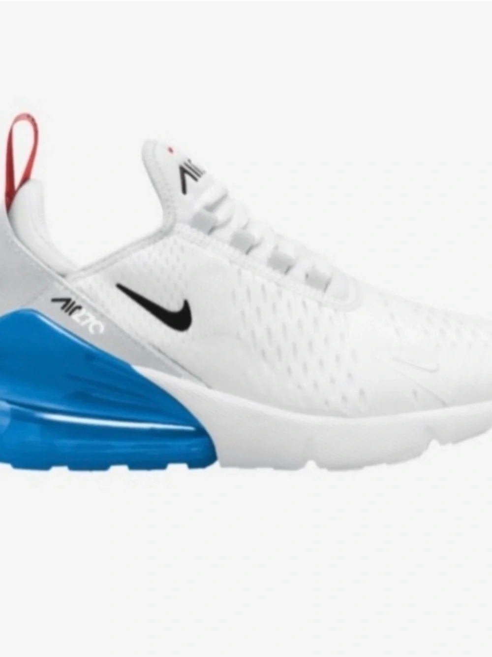 Nike Air Max 270 White with Blue Heel and Red Pull Tab